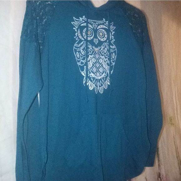 Ladies Long Sleeve Metallic Owl Hooded Top - Picture 2 of 8